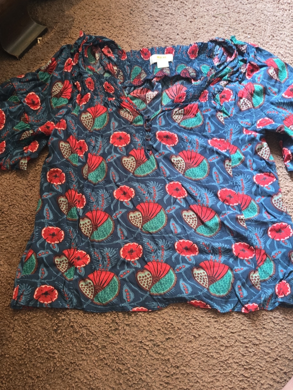 Maeve By Anthropologie Floral Ruffle-Sleeve Blouse in Teal & Red Viscose 💫